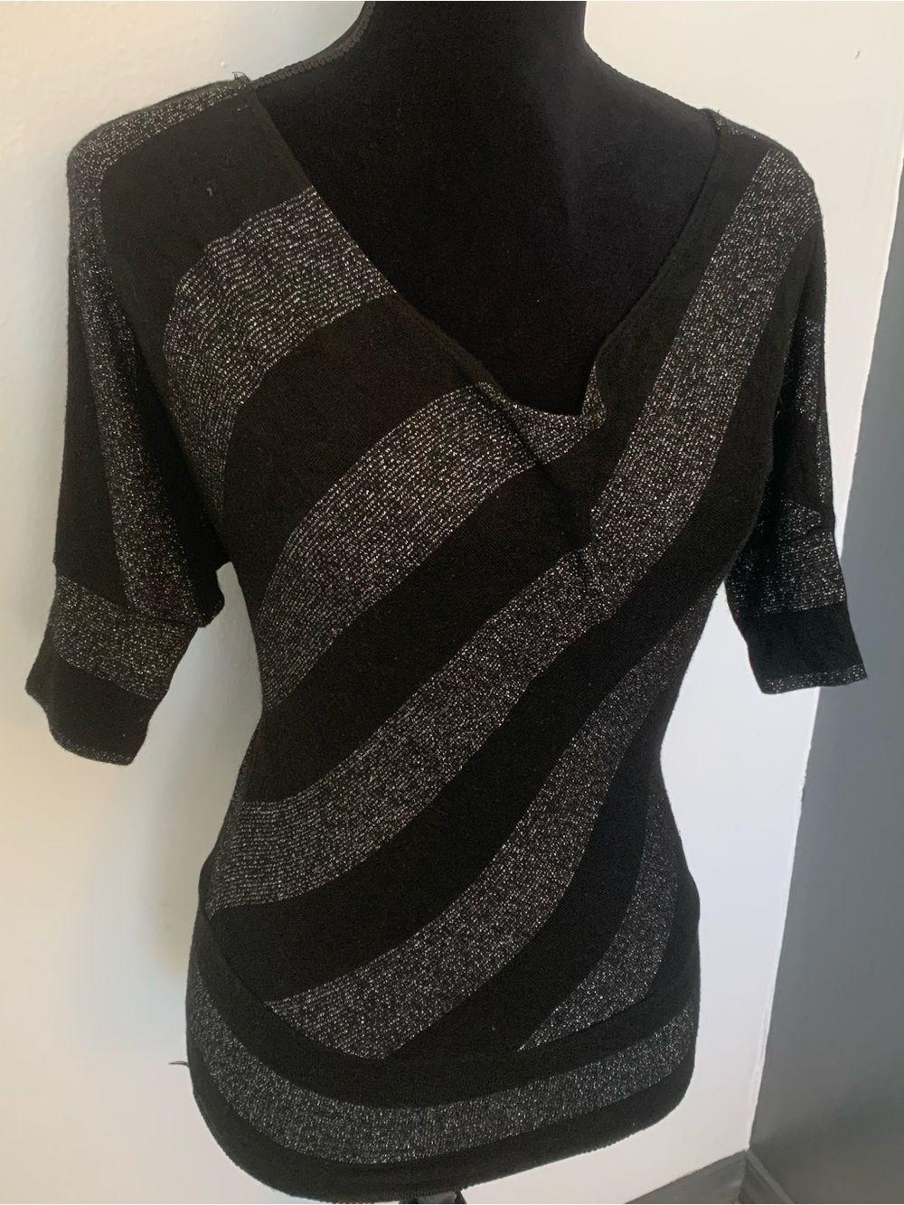 Wet Seal Black and Silver Striped V-Neck Knit Top